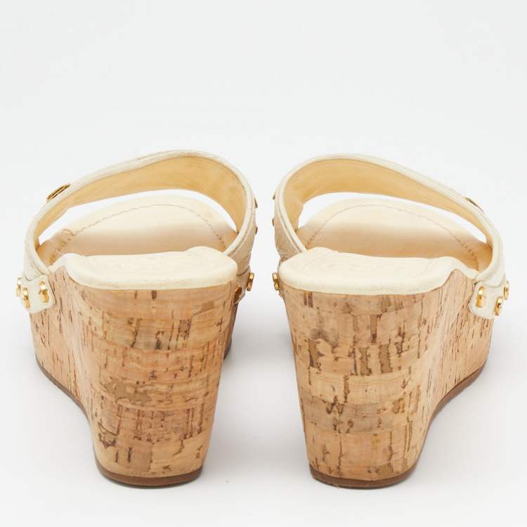 Pre Owned Tory Burch Cream Leather Cork Wedge Slide Sandals Size 37