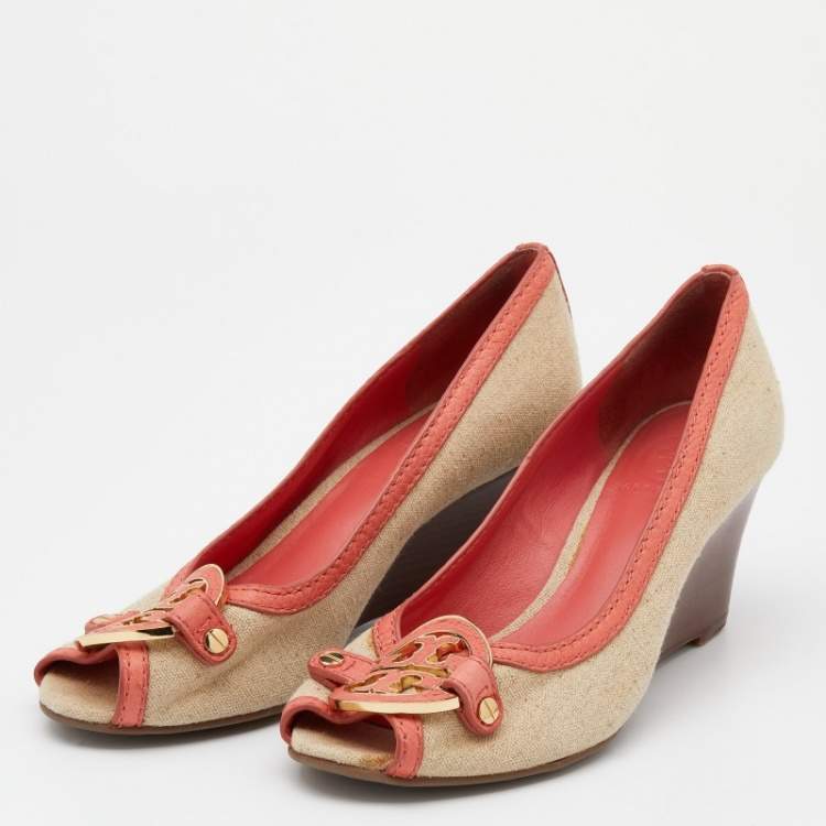 Tory Burch Coral Orange Beige Leather and Canvas Amanda Peep Toe