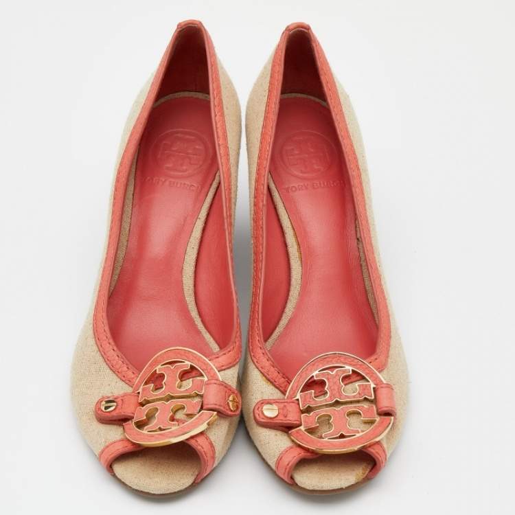 Pre Owned Tory Burch Coral Orange/Beige Leather and Canvas Amanda Peep Toe Wedge Pumps Size 37.5