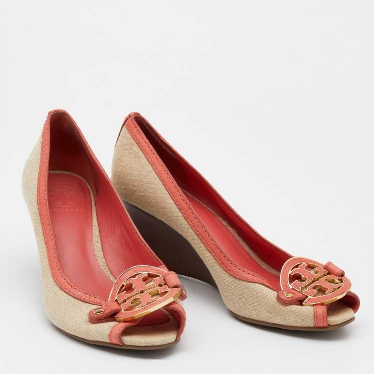 Pre Owned Tory Burch Coral Orange/Beige Leather and Canvas Amanda Peep Toe Wedge Pumps Size 37.5