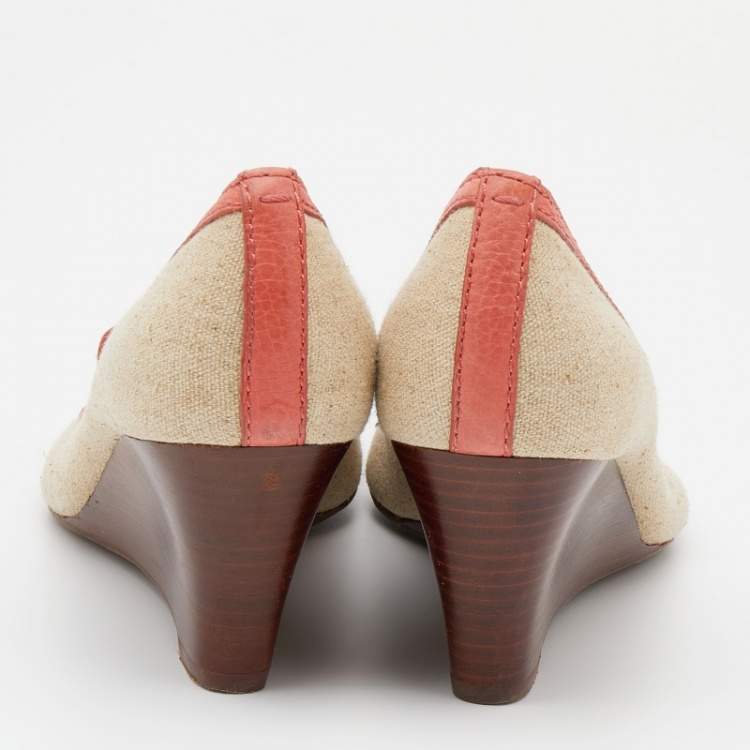 Pre Owned Tory Burch Coral Orange/Beige Leather and Canvas Amanda Peep Toe Wedge Pumps Size 37.5