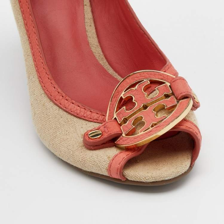 Pre Owned Tory Burch Coral Orange/Beige Leather and Canvas Amanda Peep Toe Wedge Pumps Size 37.5