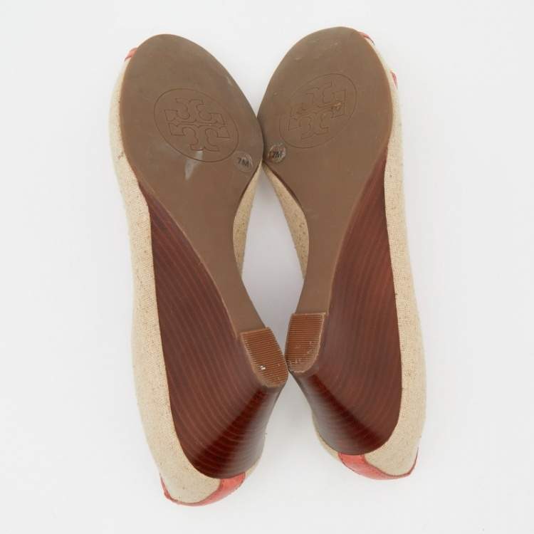 Pre Owned Tory Burch Coral Orange/Beige Leather and Canvas Amanda Peep Toe Wedge Pumps Size 37.5