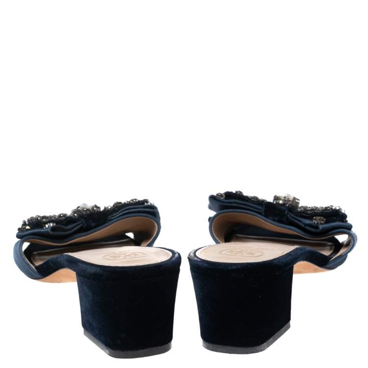 Pre Owned Tory Burch Navy Blue Satin Embellished  Slide Sandals Size 38   