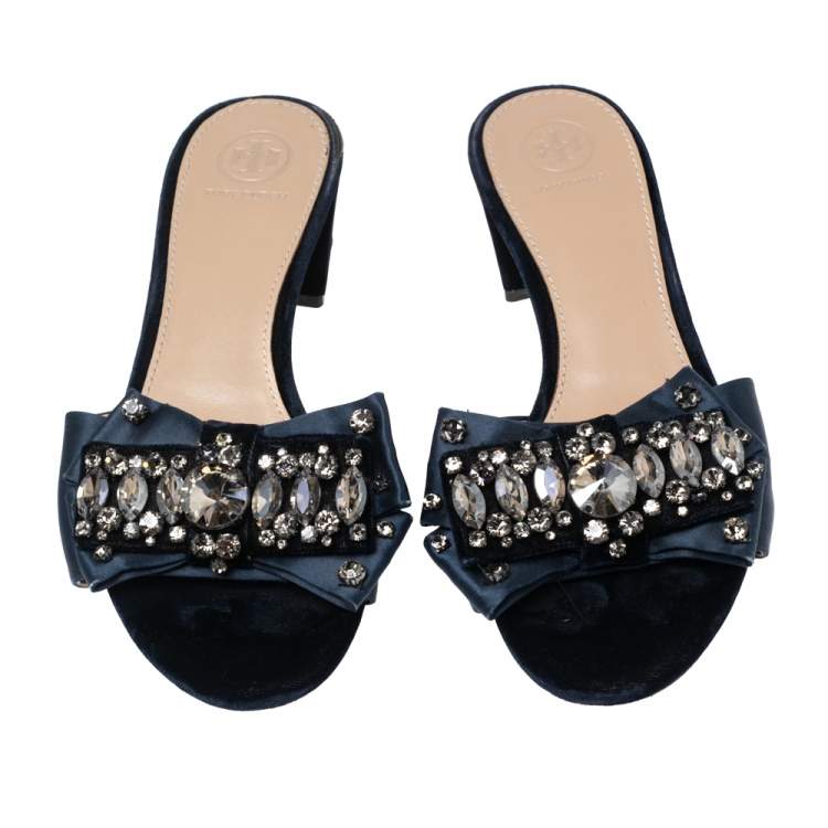 Pre Owned Tory Burch Navy Blue Satin Embellished  Slide Sandals Size 38   