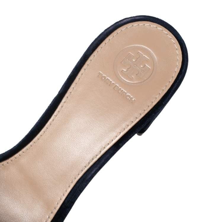 Pre Owned Tory Burch Navy Blue Satin Embellished  Slide Sandals Size 38   