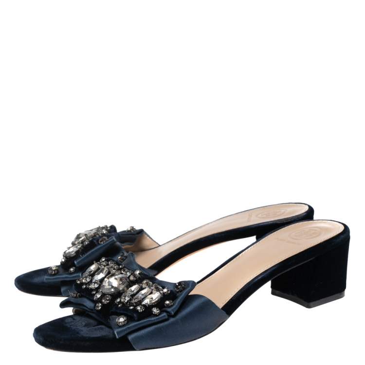 Pre Owned Tory Burch Navy Blue Satin Embellished  Slide Sandals Size 38   