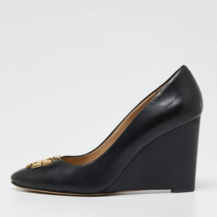 Pre Owned Tory Burch Black Leather Raleigh Wedge Pumps Size 37.5
