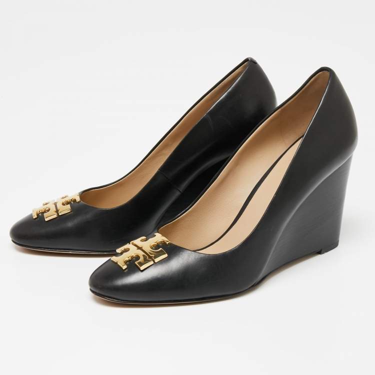 Pre Owned Tory Burch Black Leather Raleigh Wedge Pumps Size 37.5