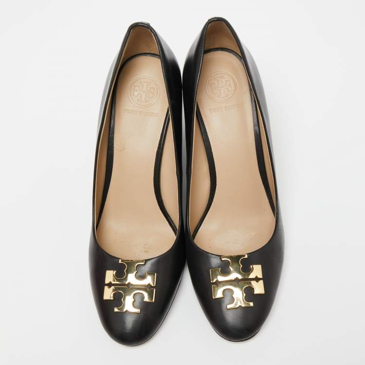 Pre Owned Tory Burch Black Leather Raleigh Wedge Pumps Size 37.5