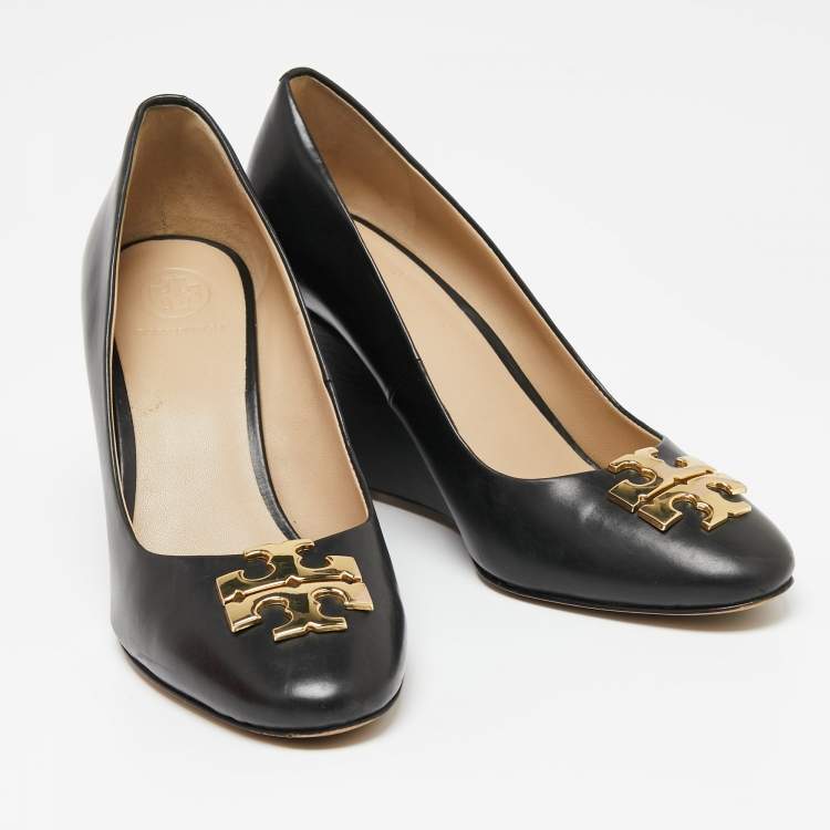 Pre Owned Tory Burch Black Leather Raleigh Wedge Pumps Size 37.5