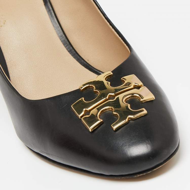 Pre Owned Tory Burch Black Leather Raleigh Wedge Pumps Size 37.5