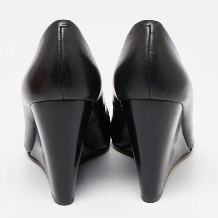 Pre Owned Tory Burch Black Leather Raleigh Wedge Pumps Size 37.5