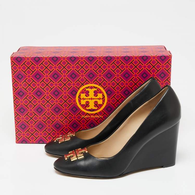 Pre Owned Tory Burch Black Leather Raleigh Wedge Pumps Size 37.5