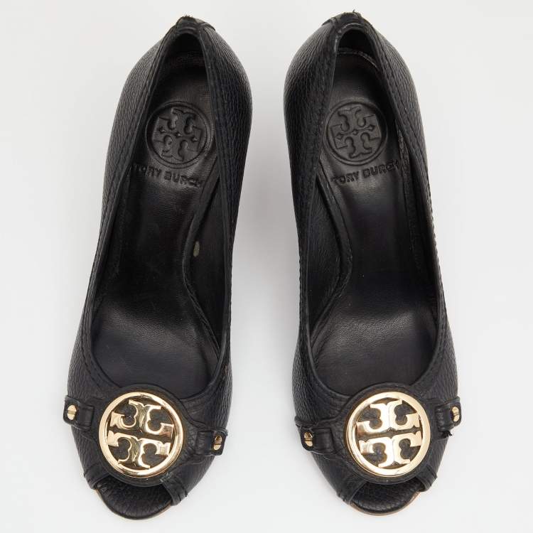 Pre Owned Tory Burch Black Leather Leticia Wedge Peep Toe Pumps Size 35.5