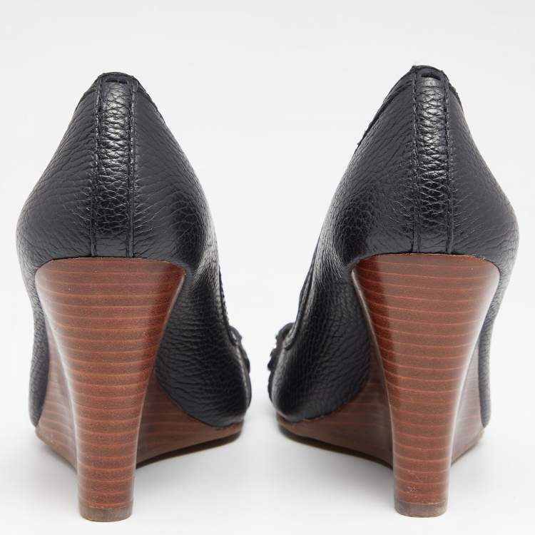 Pre Owned Tory Burch Black Leather Leticia Wedge Peep Toe Pumps Size 35.5