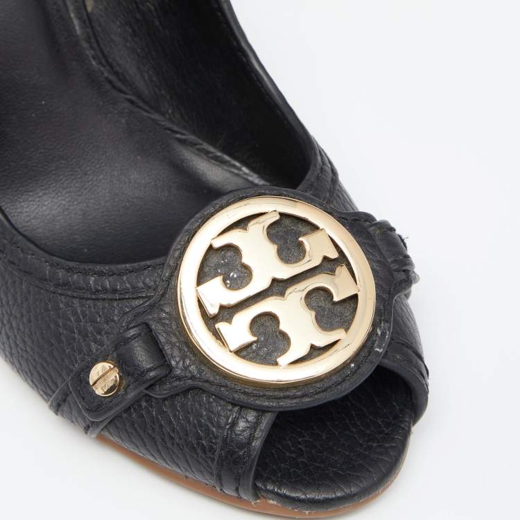 Pre Owned Tory Burch Black Leather Leticia Wedge Peep Toe Pumps Size 35.5