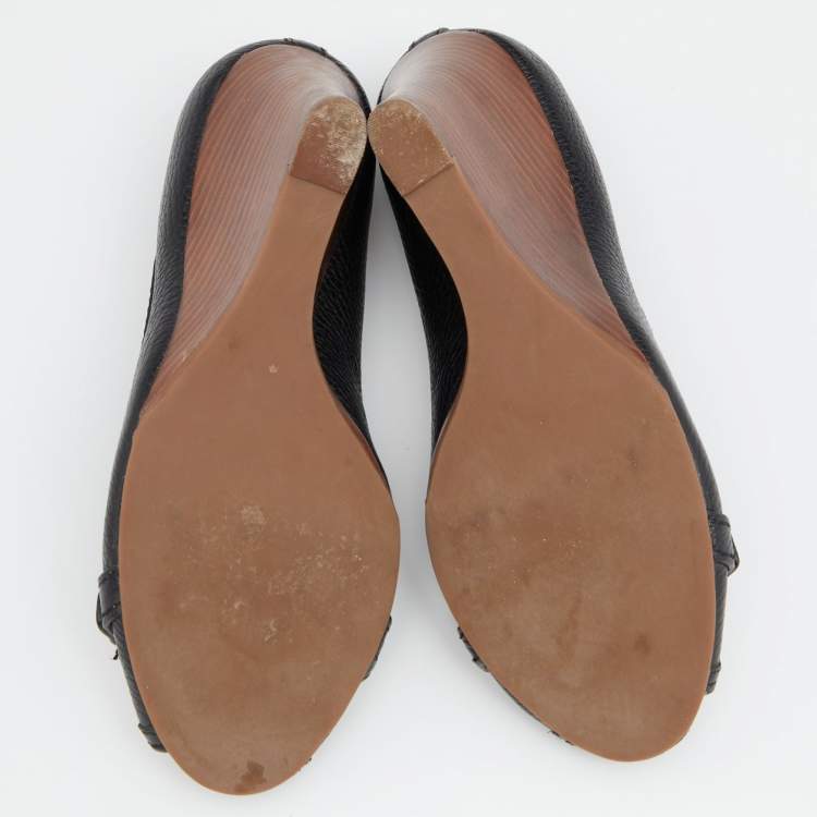 Pre Owned Tory Burch Black Leather Leticia Wedge Peep Toe Pumps Size 35.5