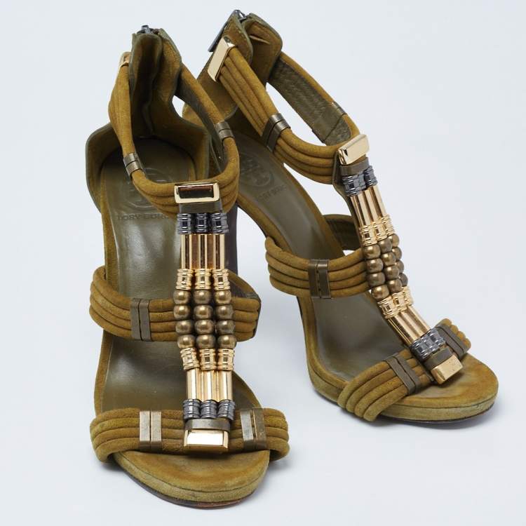 Pre Owned Tory Burch Olive Green Suede Beaded Gladiator Sandals Size 39
