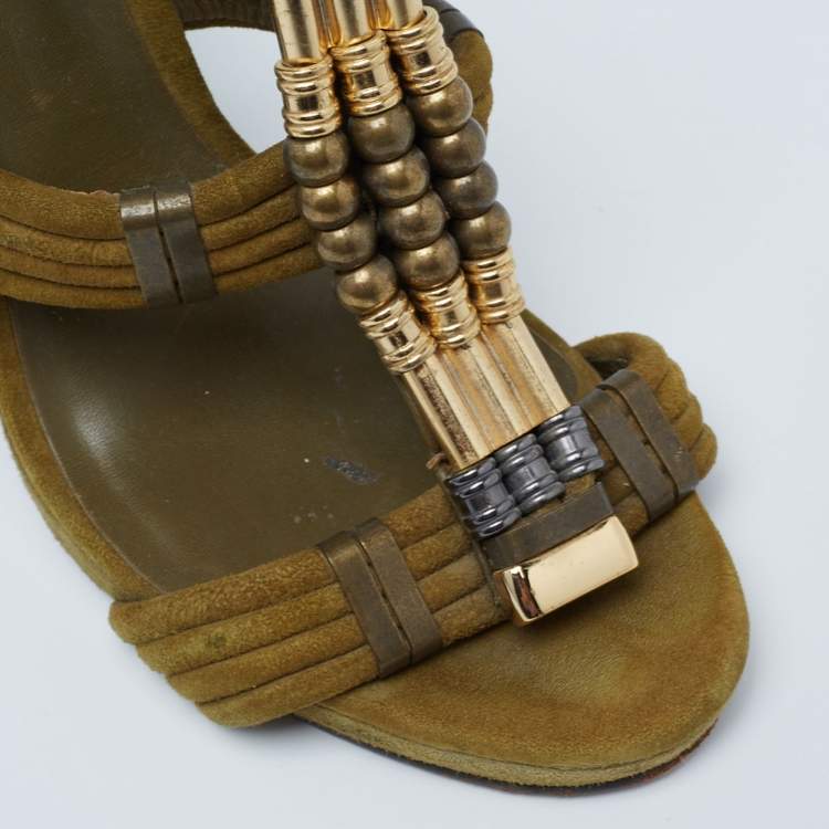 Pre Owned Tory Burch Olive Green Suede Beaded Gladiator Sandals Size 39