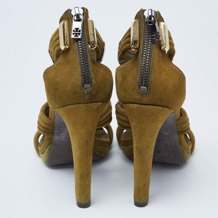 Pre Owned Tory Burch Olive Green Suede Beaded Gladiator Sandals Size 39