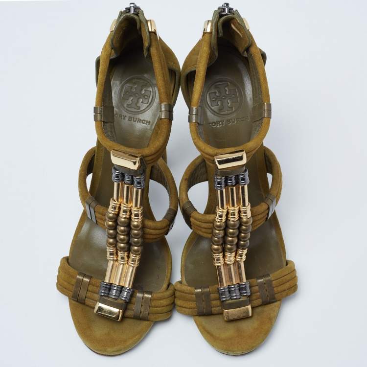 Pre Owned Tory Burch Olive Green Suede Beaded Gladiator Sandals Size 39