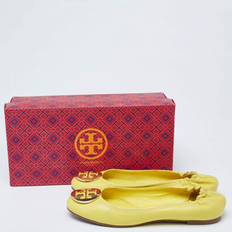 Pre Owned Tory Burch Yellow Leather Scrunch Ballet Flats Size 38
