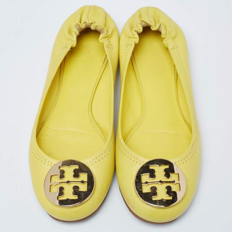 Pre Owned Tory Burch Yellow Leather Scrunch Ballet Flats Size 38