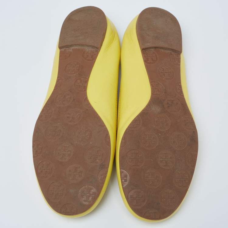 Pre Owned Tory Burch Yellow Leather Scrunch Ballet Flats Size 38