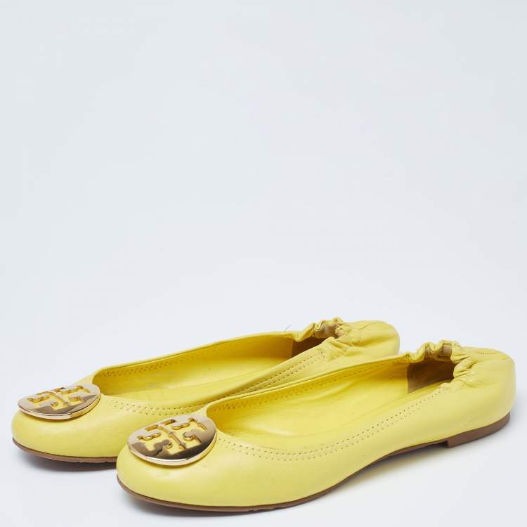 Pre Owned Tory Burch Yellow Leather Scrunch Ballet Flats Size 38