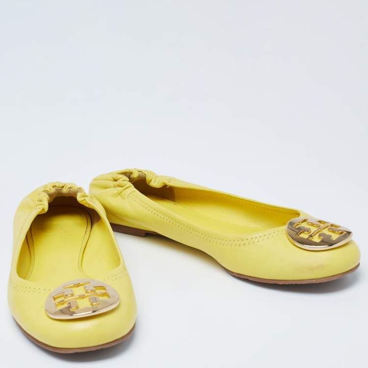 Pre Owned Tory Burch Yellow Leather Scrunch Ballet Flats Size 38