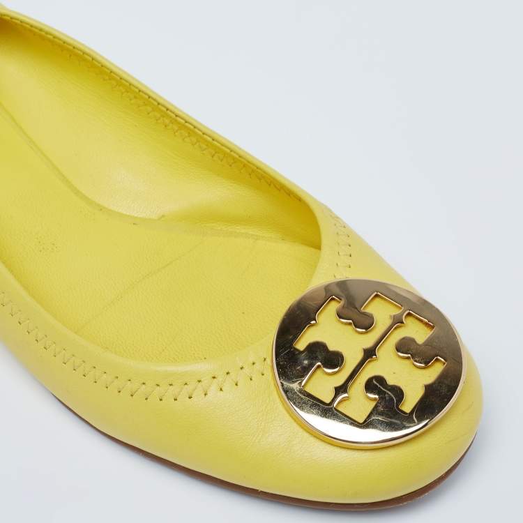 Pre Owned Tory Burch Yellow Leather Scrunch Ballet Flats Size 38