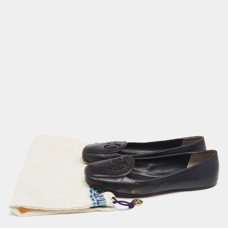 Pre Owned Tory Burch Black Leather Ruby Quilted Logo Ballet Flats Size 39