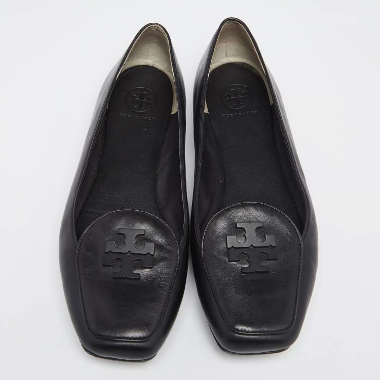 Pre Owned Tory Burch Black Leather Ruby Quilted Logo Ballet Flats Size 39