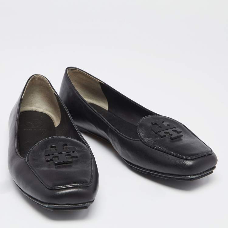 Pre Owned Tory Burch Black Leather Ruby Quilted Logo Ballet Flats Size 39