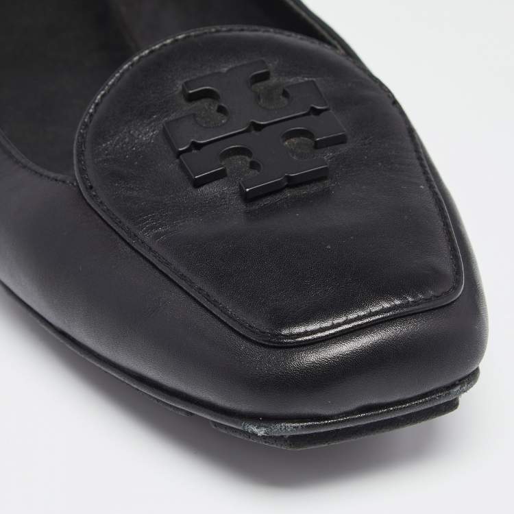 Pre Owned Tory Burch Black Leather Ruby Quilted Logo Ballet Flats Size 39