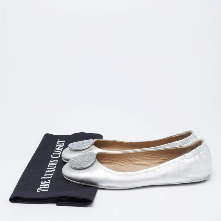 Pre Owned Tory Burch Silver Leather Minnie Ballet Flats Size 39.5