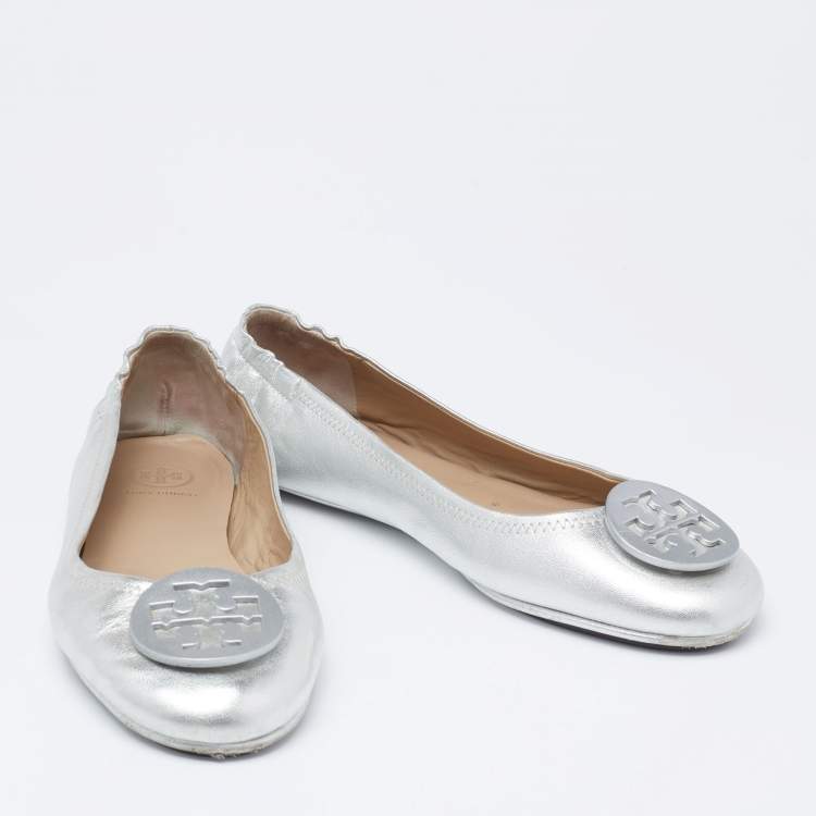 Pre Owned Tory Burch Silver Leather Minnie Ballet Flats Size 39.5