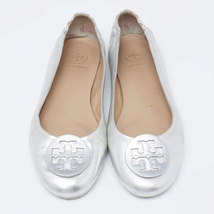 Pre Owned Tory Burch Silver Leather Minnie Ballet Flats Size 39.5