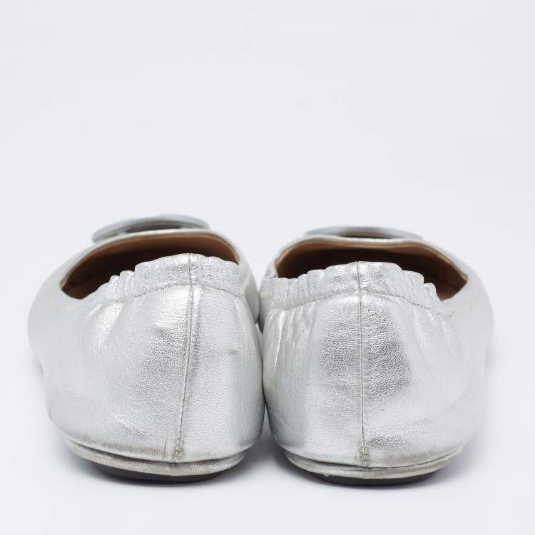 Pre Owned Tory Burch Silver Leather Minnie Ballet Flats Size 39.5