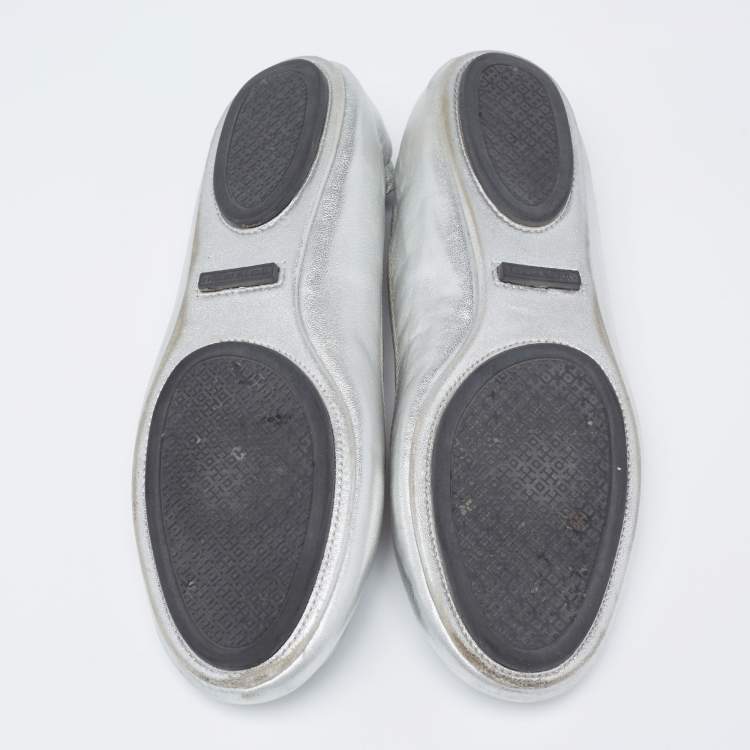 Pre Owned Tory Burch Silver Leather Minnie Ballet Flats Size 39.5