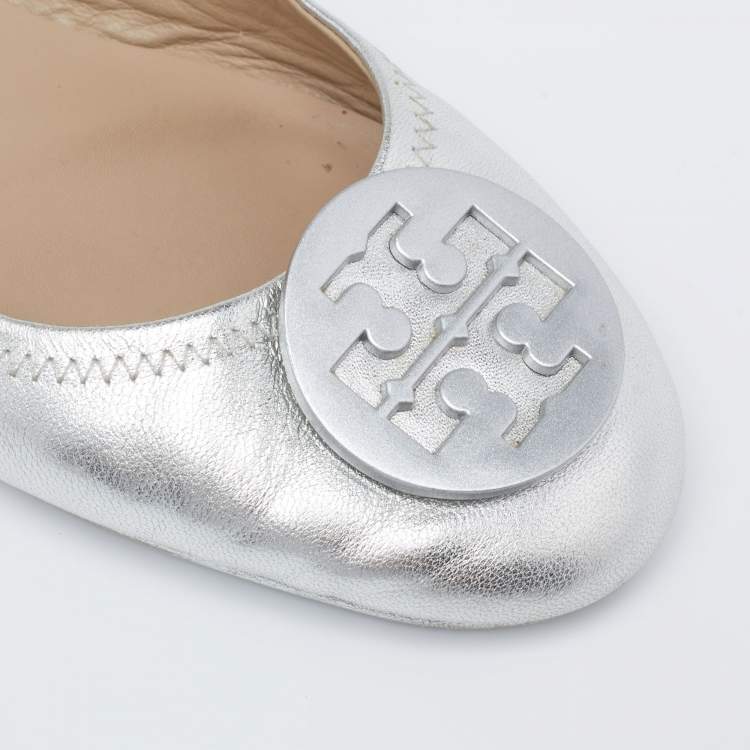 Pre Owned Tory Burch Silver Leather Minnie Ballet Flats Size 39.5