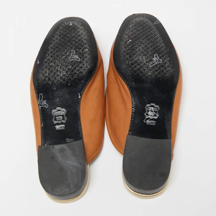 Pre Owned Tory Burch Brown/Red Knit Fabric And Leather Mules Size 36.5