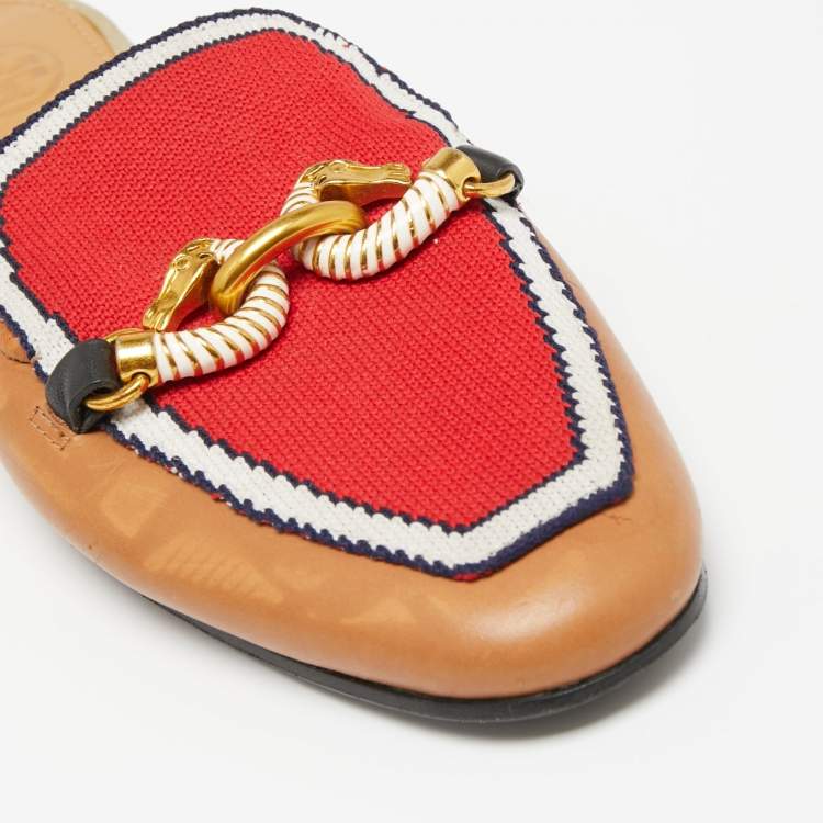 Pre Owned Tory Burch Brown/Red Knit Fabric And Leather Mules Size 36.5