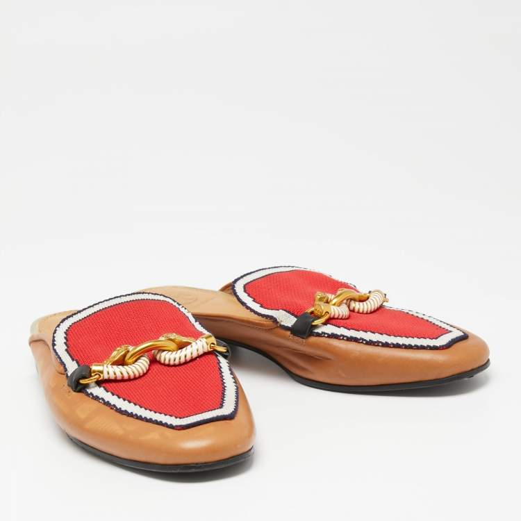 Pre Owned Tory Burch Brown/Red Knit Fabric And Leather Mules Size 36.5