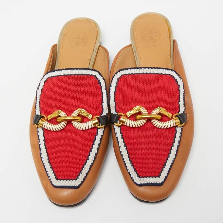 Pre Owned Tory Burch Brown/Red Knit Fabric And Leather Mules Size 36.5