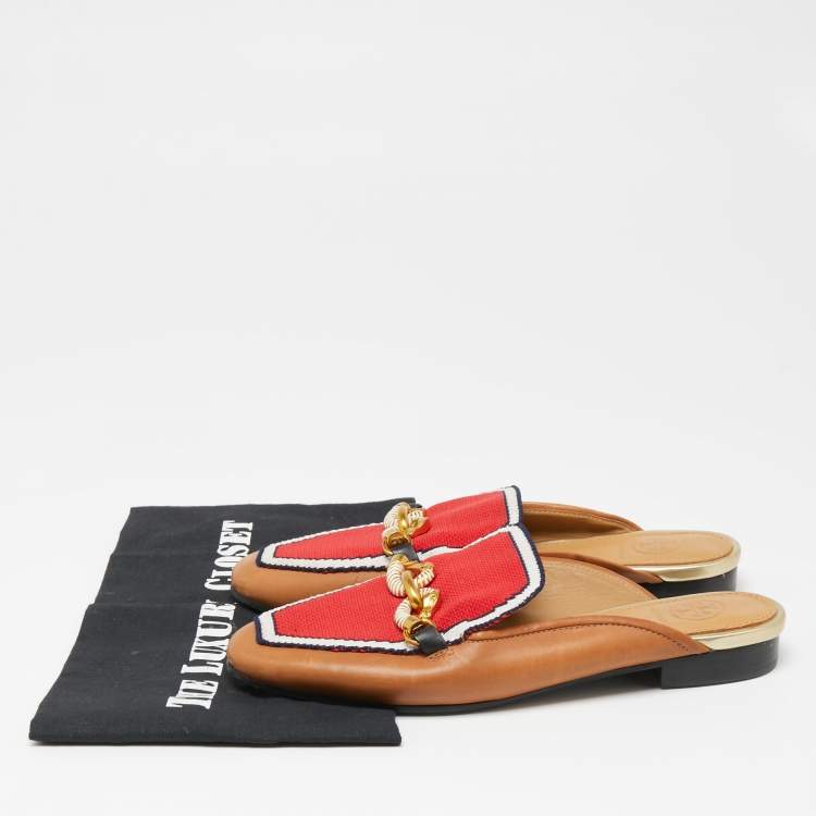 Pre Owned Tory Burch Brown/Red Knit Fabric And Leather Mules Size 36.5