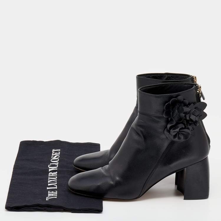 Pre Owned Tory Burch Black Leather Blossom Square Toe Ankle Boots Size 38.5