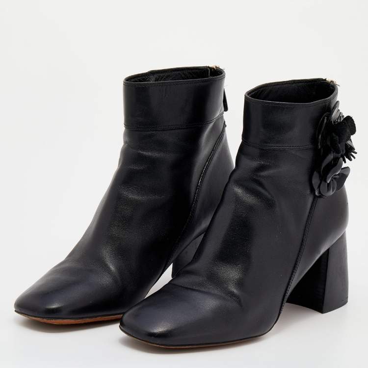 Tory Burch Black Leather Blossom Square Toe Ankle Boots Size  Tory Burch  | TLC