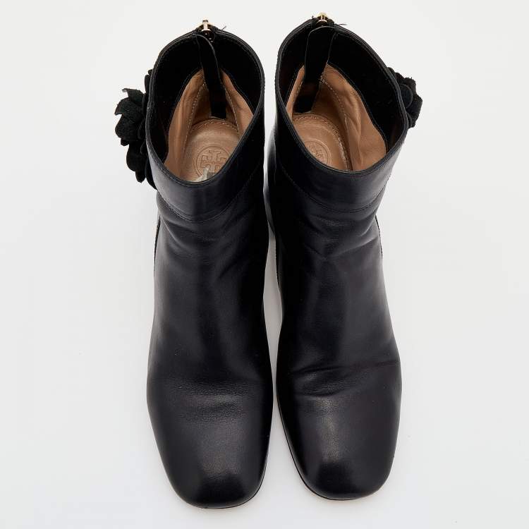 Pre Owned Tory Burch Black Leather Blossom Square Toe Ankle Boots Size 38.5